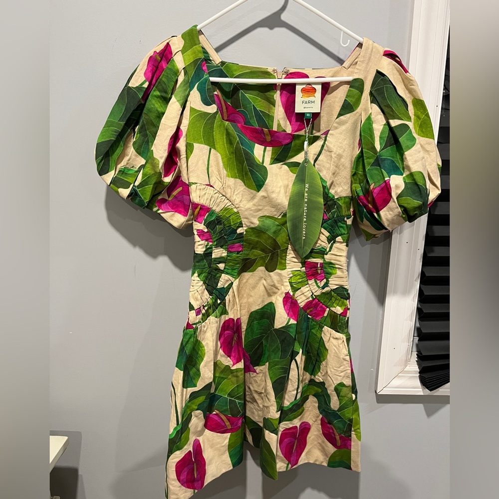 FARM Rio Leaf Print Mini Dress in Green and Pink